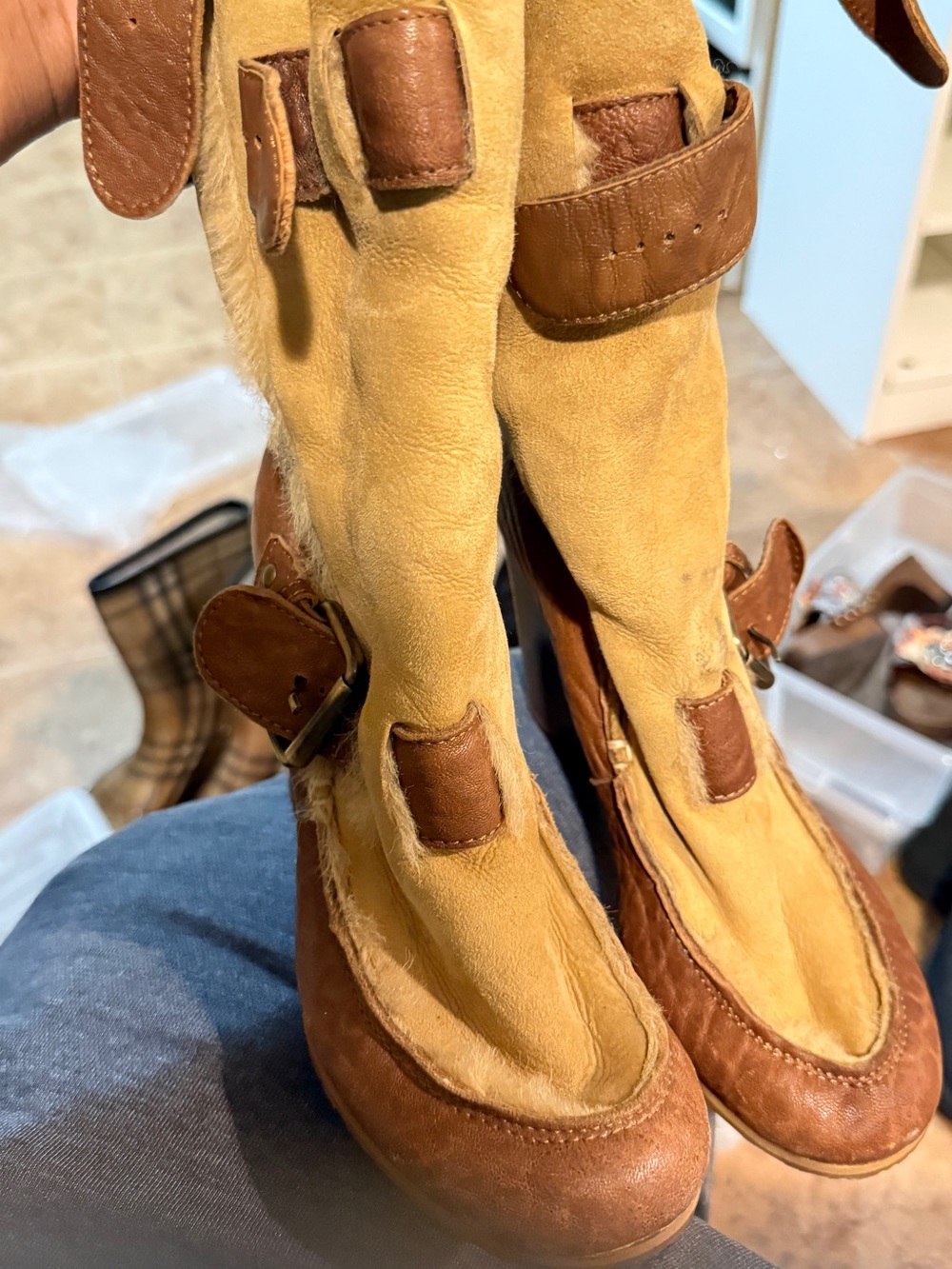 Fendi Tan and Brown Shearling Leather Boots